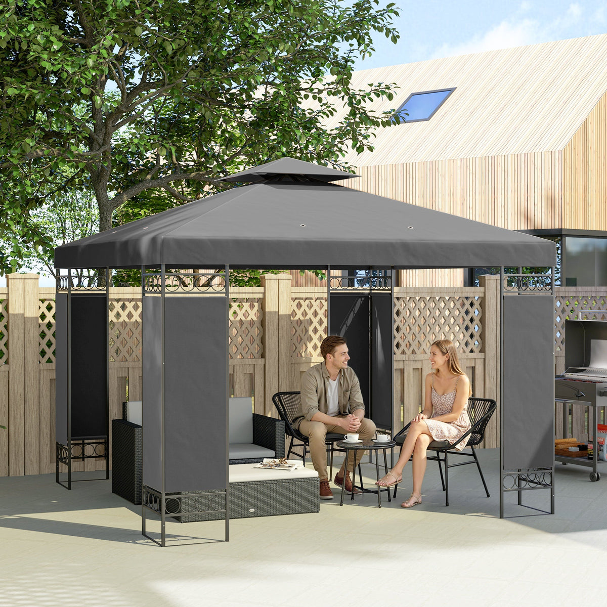 10 x 10 ft Canopy Gazebo with Double Roof and Mesh Screen Panels, Dark Grey