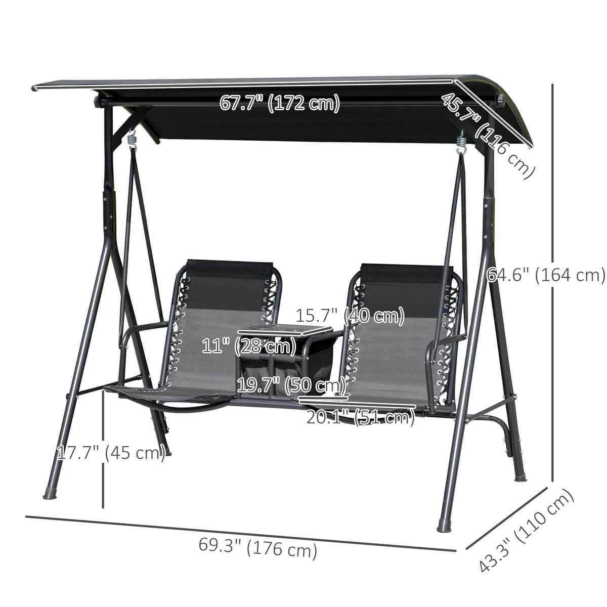 2 Person Porch Swing with Pivot Table, Cup Holder and Canopy, Black