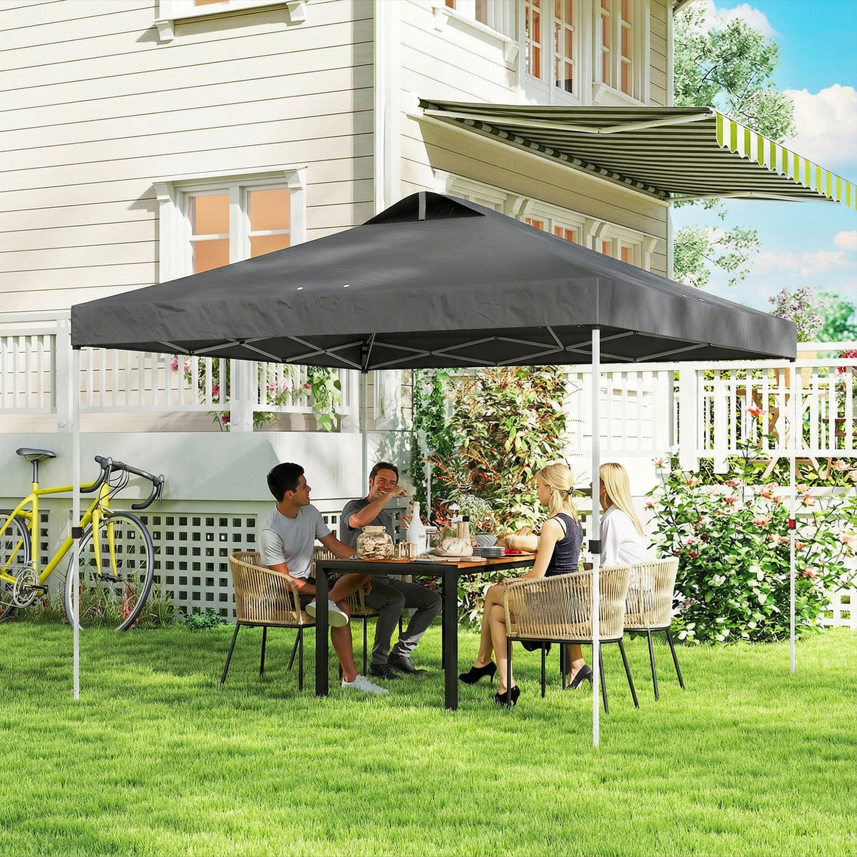 9.8' x 9.8' Pop-Up Canopy with Carrying Bag, Stakes and Ropes, Dark Grey