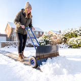 Heavy-Duty Metal Snow Pusher with Wheels, Adjustable Handle, 29" x 18" Blue