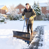 Heavy-Duty Metal Snow Pusher with Wheels, Adjustable Handle, 29" x 18" Blue
