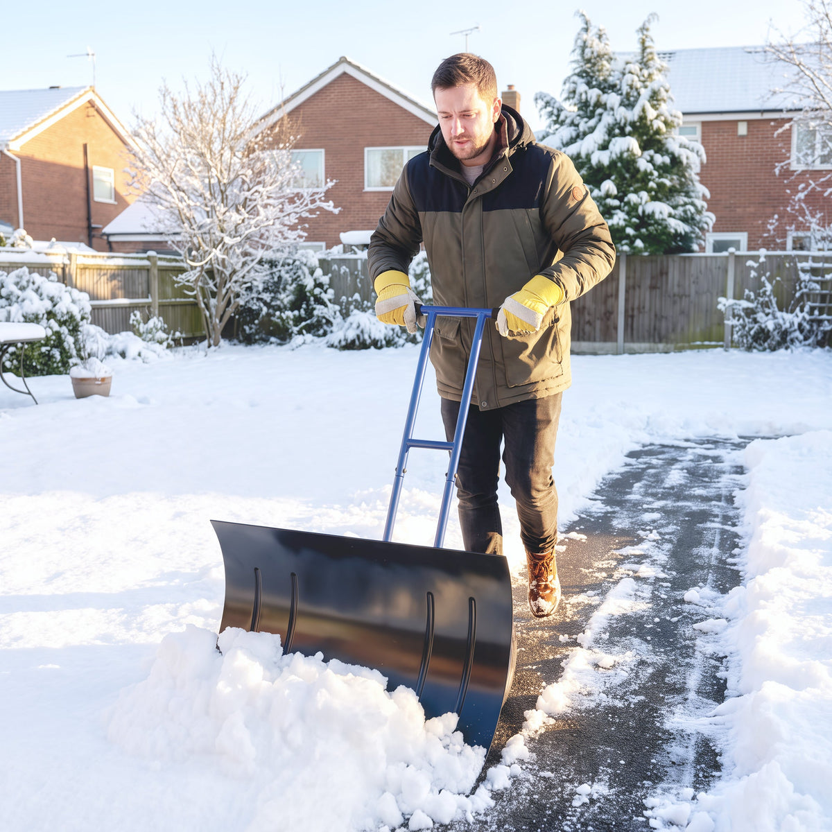 Heavy-Duty Metal Snow Pusher with Wheels, Adjustable Handle, 29" x 18" Blue