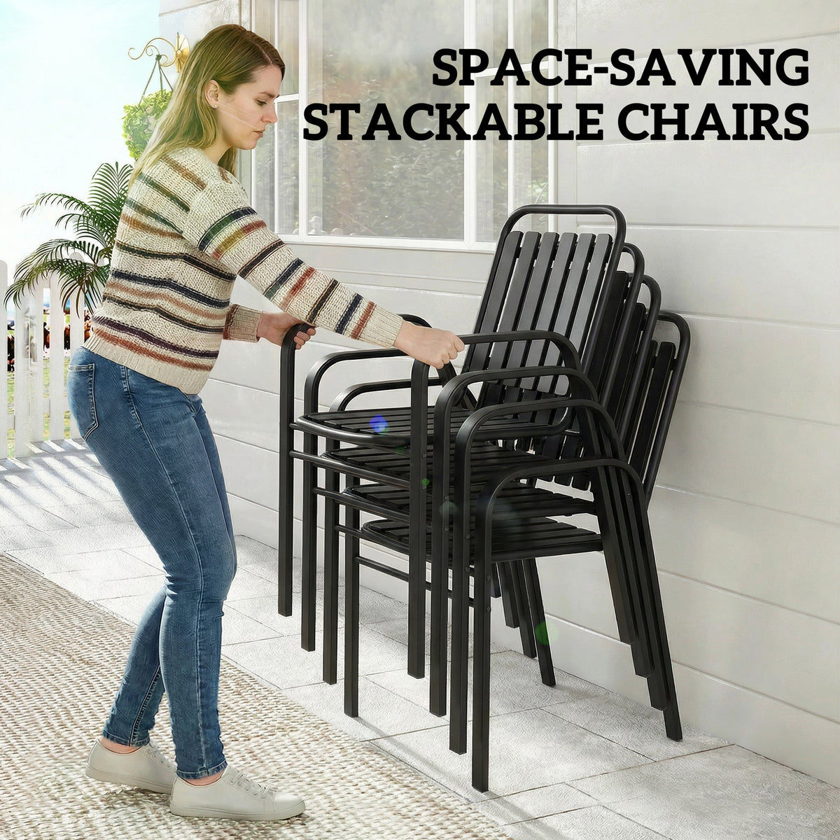 7 Piece Garden Dining Set with Stackable Chairs and Umbrella Hole, Black