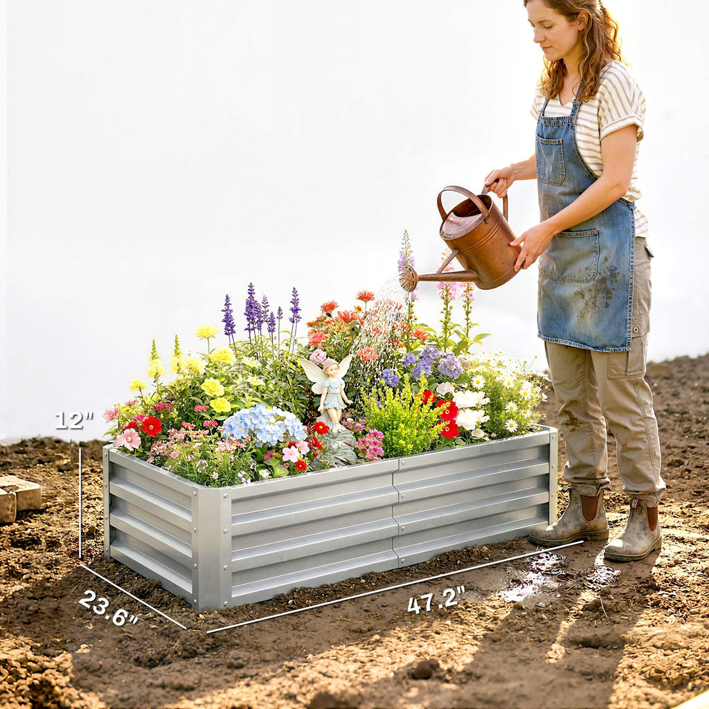 Galvanized Raised Garden Bed for Vegetables, Herbs & Succulents, 4' x 2' x 1' Metal Planter Box in Silver