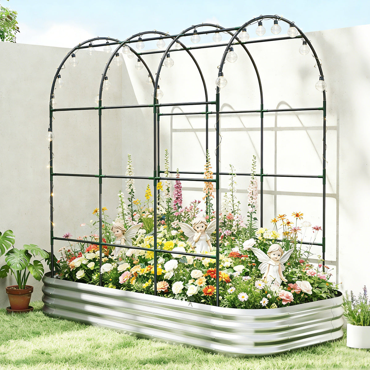 7 x 4 x 7ft Galvanized Raised Garden Bed with Arched Trellis, Silver