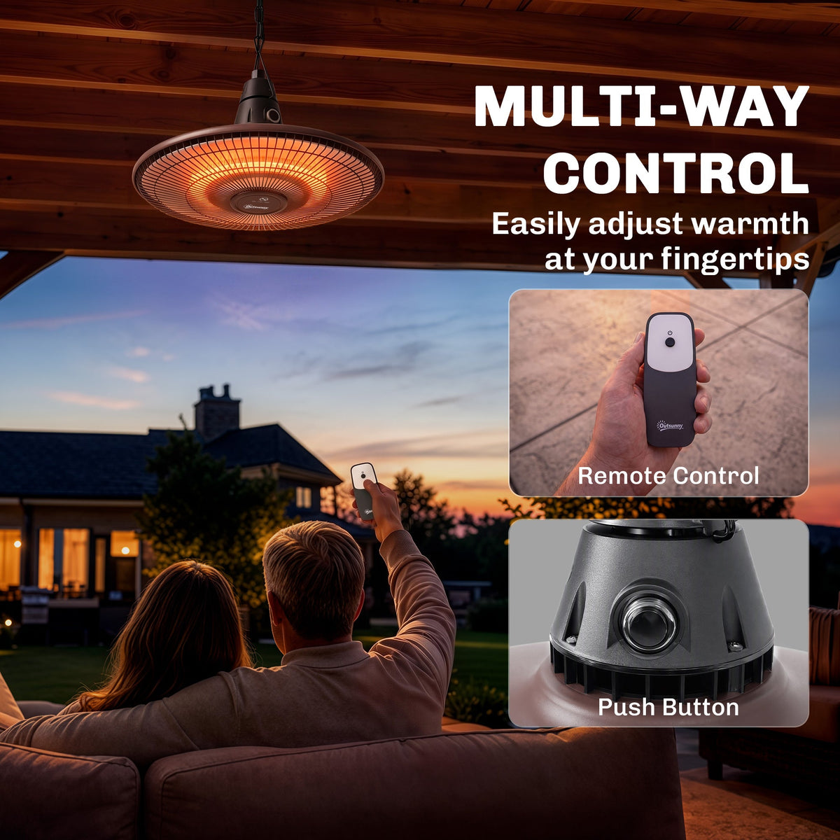 1500W Hanging Infrared Patio Heater with Carbon Fiber Tube, Remote & LED, Black