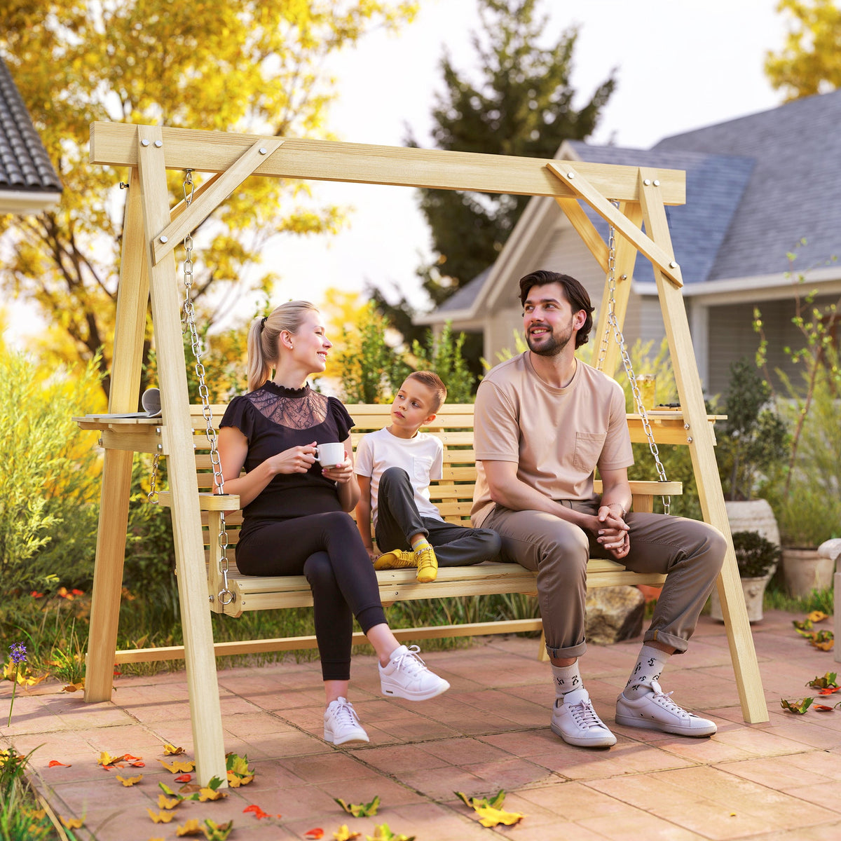 3 Seat Porch Swing with Stand and Side Tables, Natural Wood