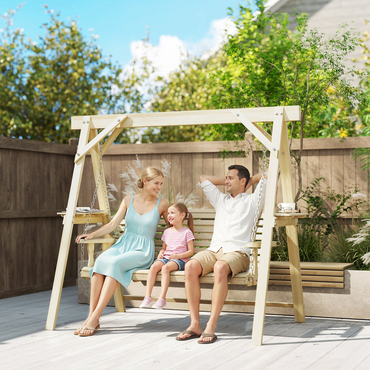 3 Seat Porch Swing with Stand and Side Tables, Natural Wood