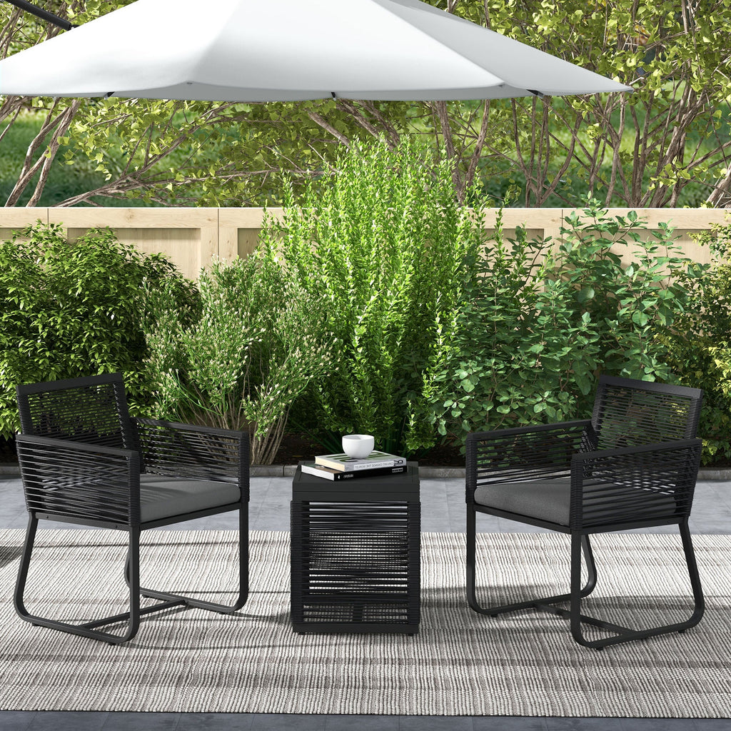 3 Piece Wicker Patio Furniture Set with Glass Top Table and Cushions, Black