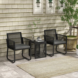 3 Piece Wicker Patio Furniture Set with Glass Top Table and Cushions, Black