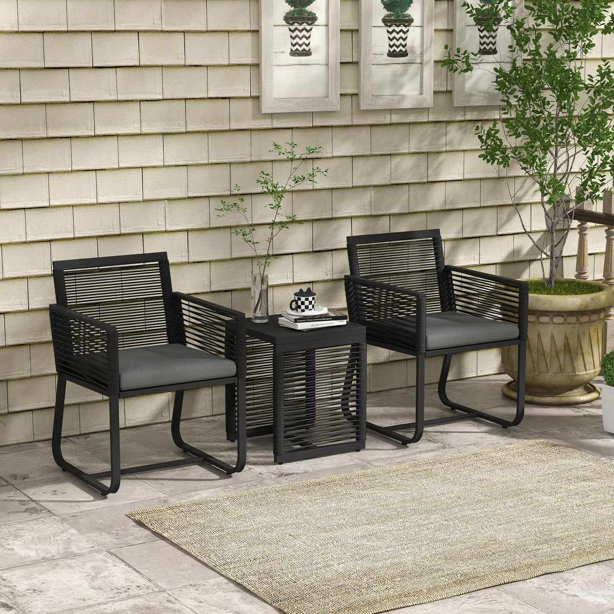 3 Piece Wicker Patio Furniture Set with Glass Top Table and Cushions, Black