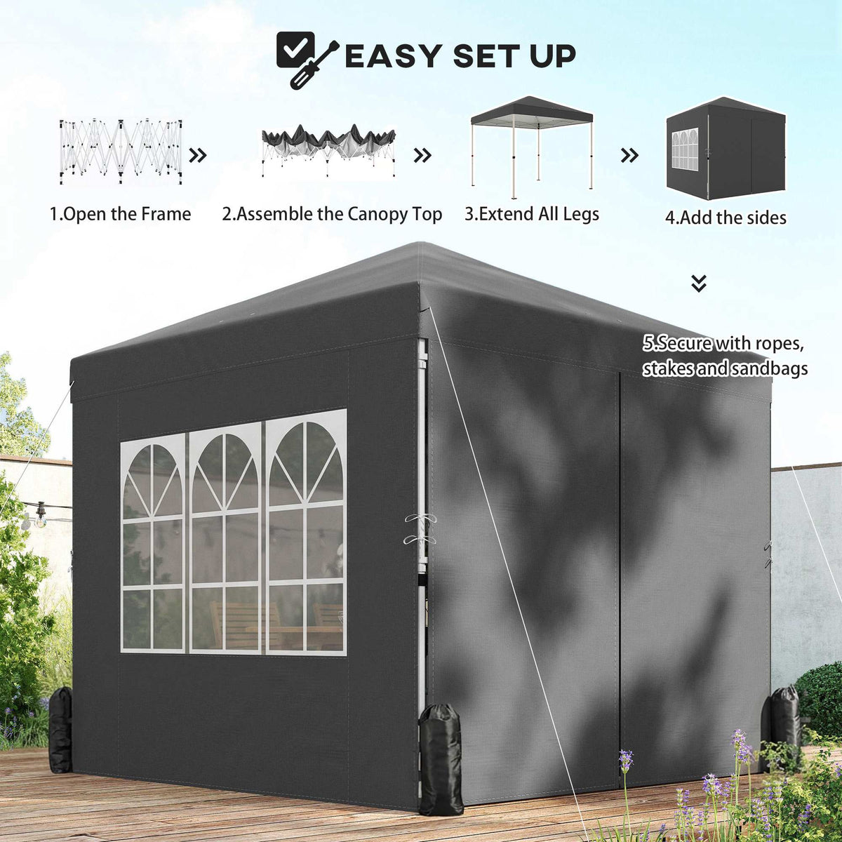 8.2 x 8.2 ft Pop-Up Canopy Tent with 4 Sidewalls & Sandbags, Dark Grey