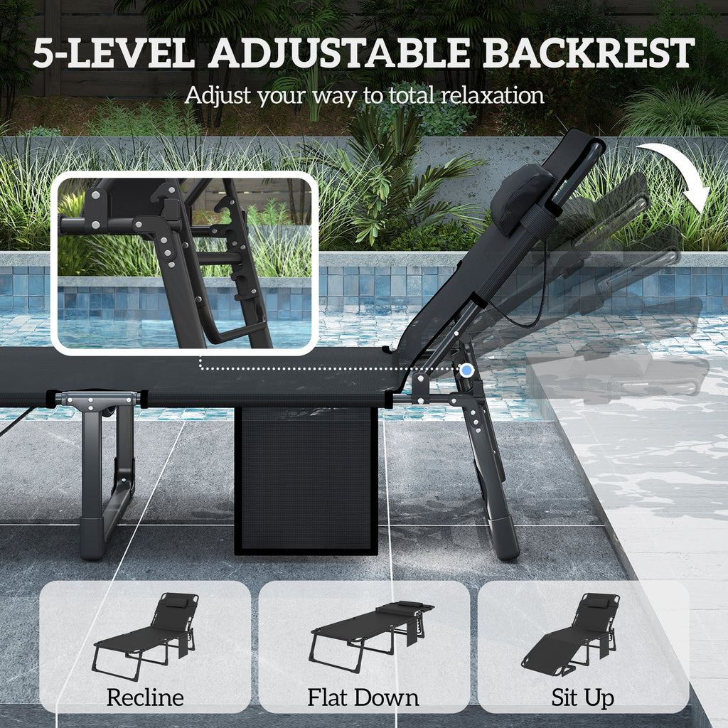 Folding Lounge Chair, 75 cm Wide with Cushion and Side Pocket, Dark Grey/Blue