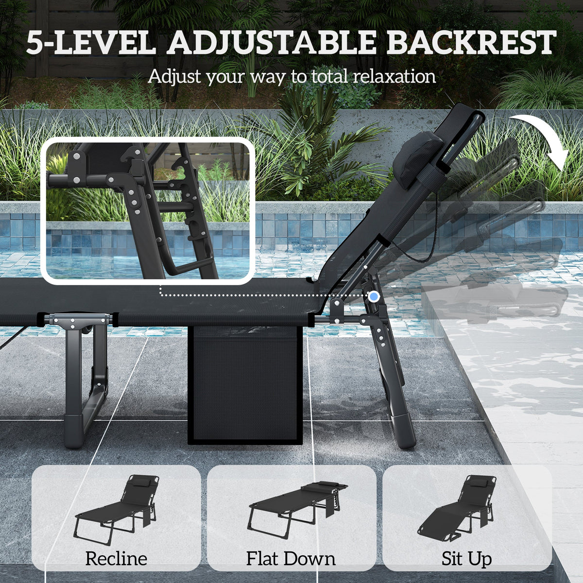 Folding Lounge Chair, 75 cm Wide with Cushion and Side Pocket, Dark Grey/Blue