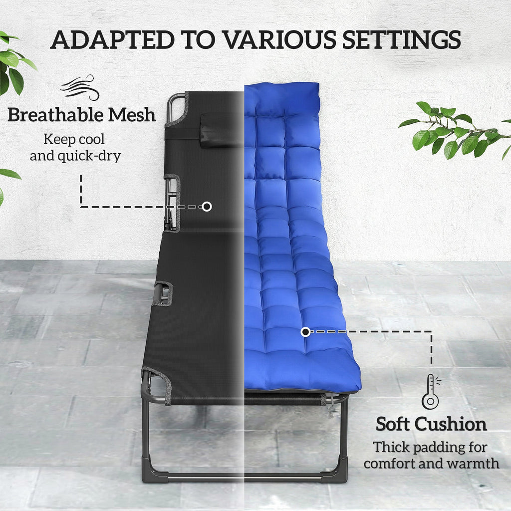 Folding Lounge Chair, 75 cm Wide with Cushion and Side Pocket, Dark Grey/Blue