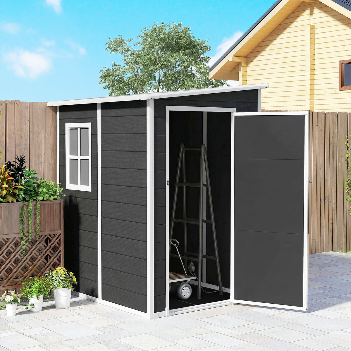 4 x 5FT Plastic Lean-to Garden Shed with Floor, Window and Vent, Black