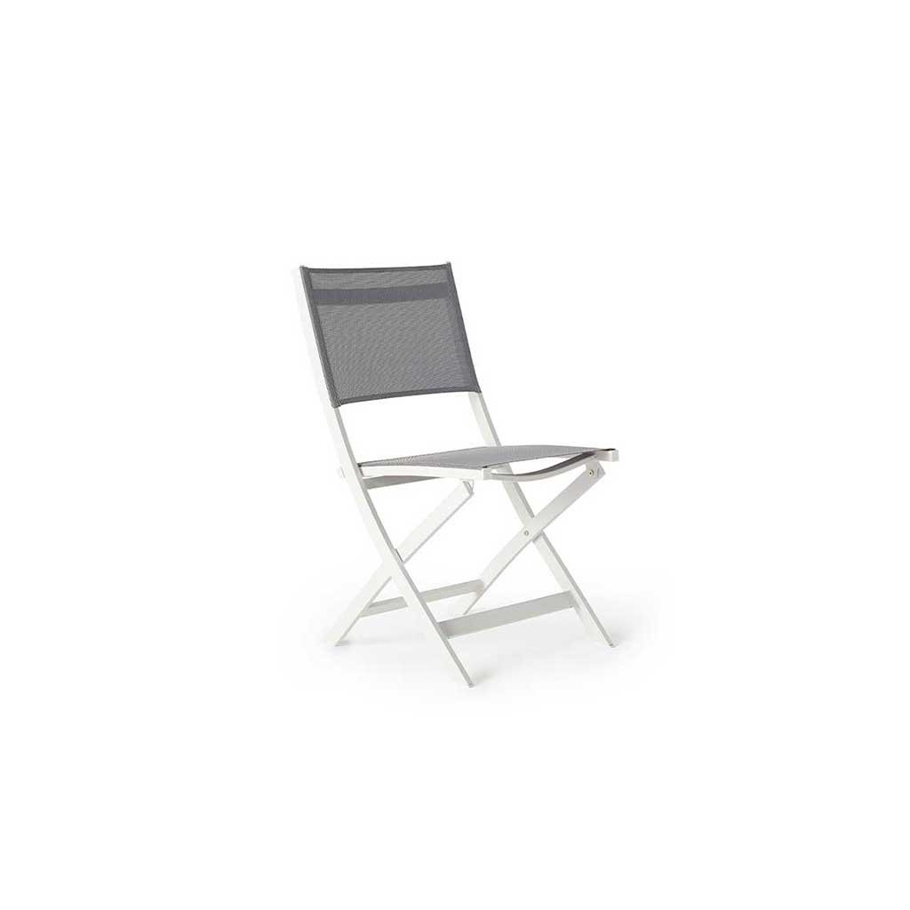 Bistro Folding Sling Chair in White Aluminum with Silver Grey Mesh