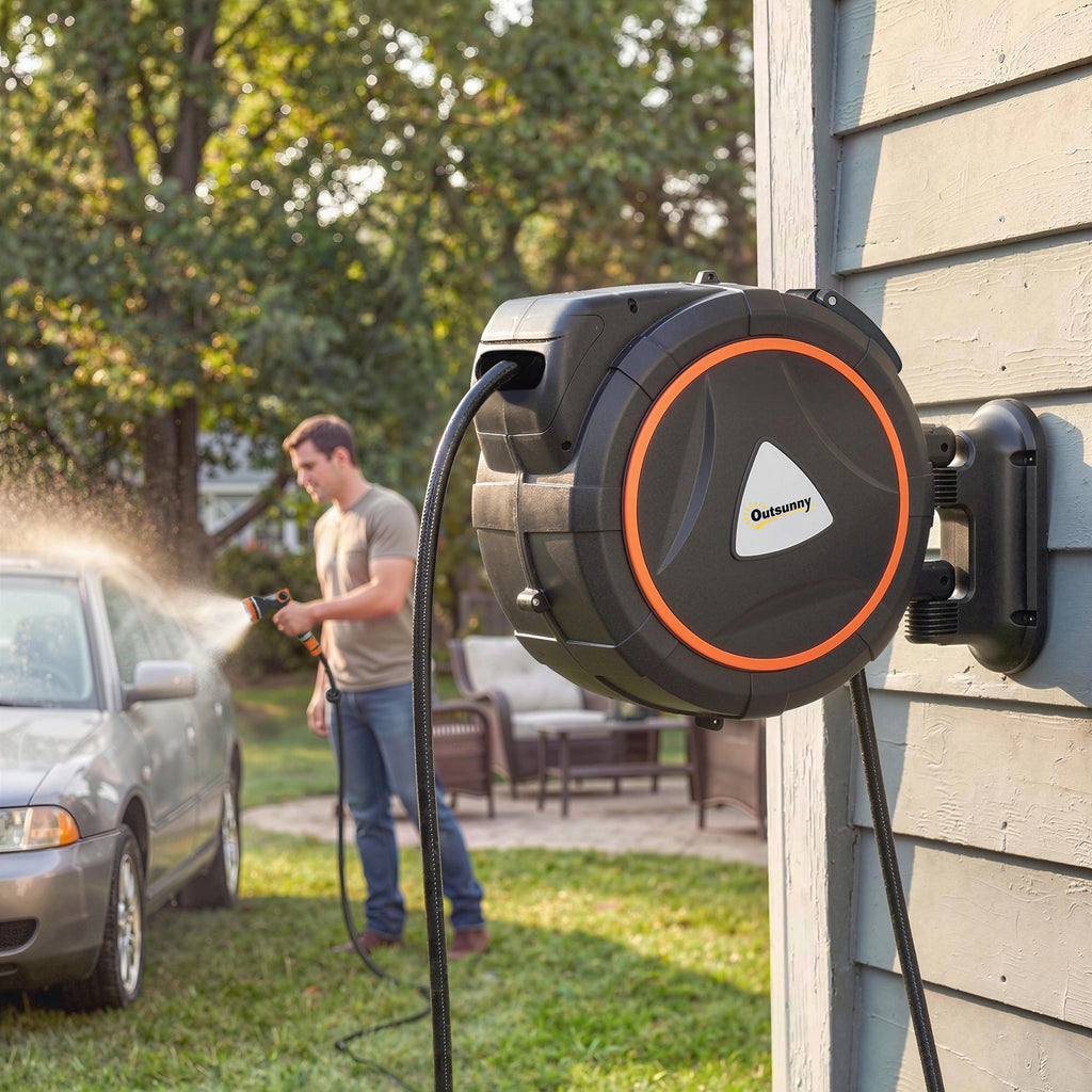 23+2m Retractable Wall Hose Reel with Auto Retraction & 12-Pattern Nozzle, Orange