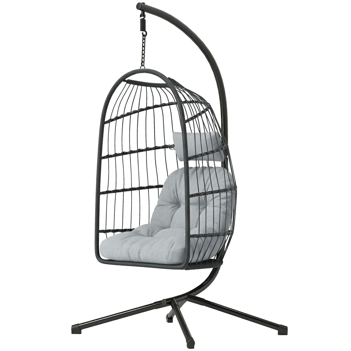 Hanging Egg Chair with Stand, Metal Frame and Adjustable Height, Dark Grey