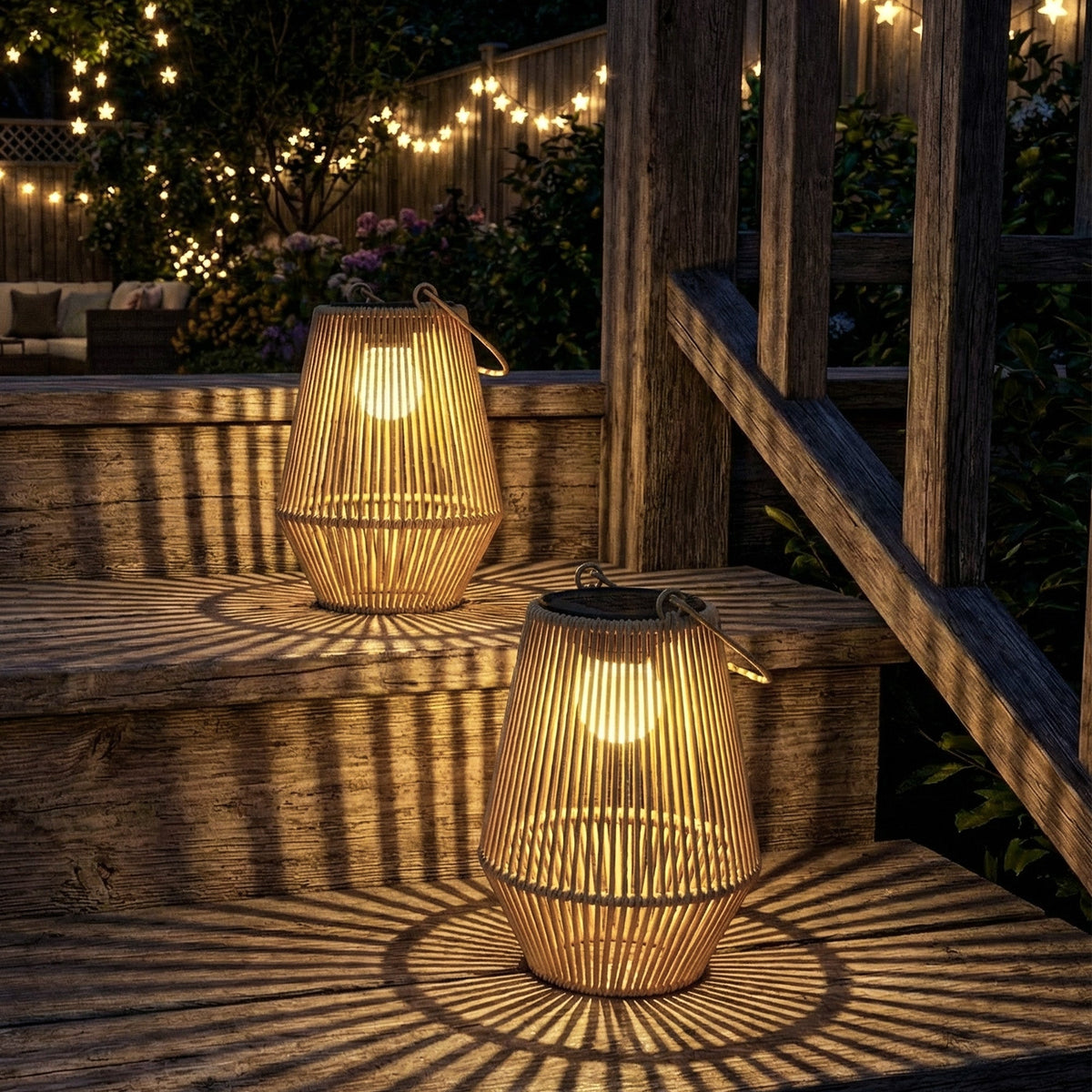 2 Pack Hanging Solar Rattan Lanterns with Auto On/Off, Brown