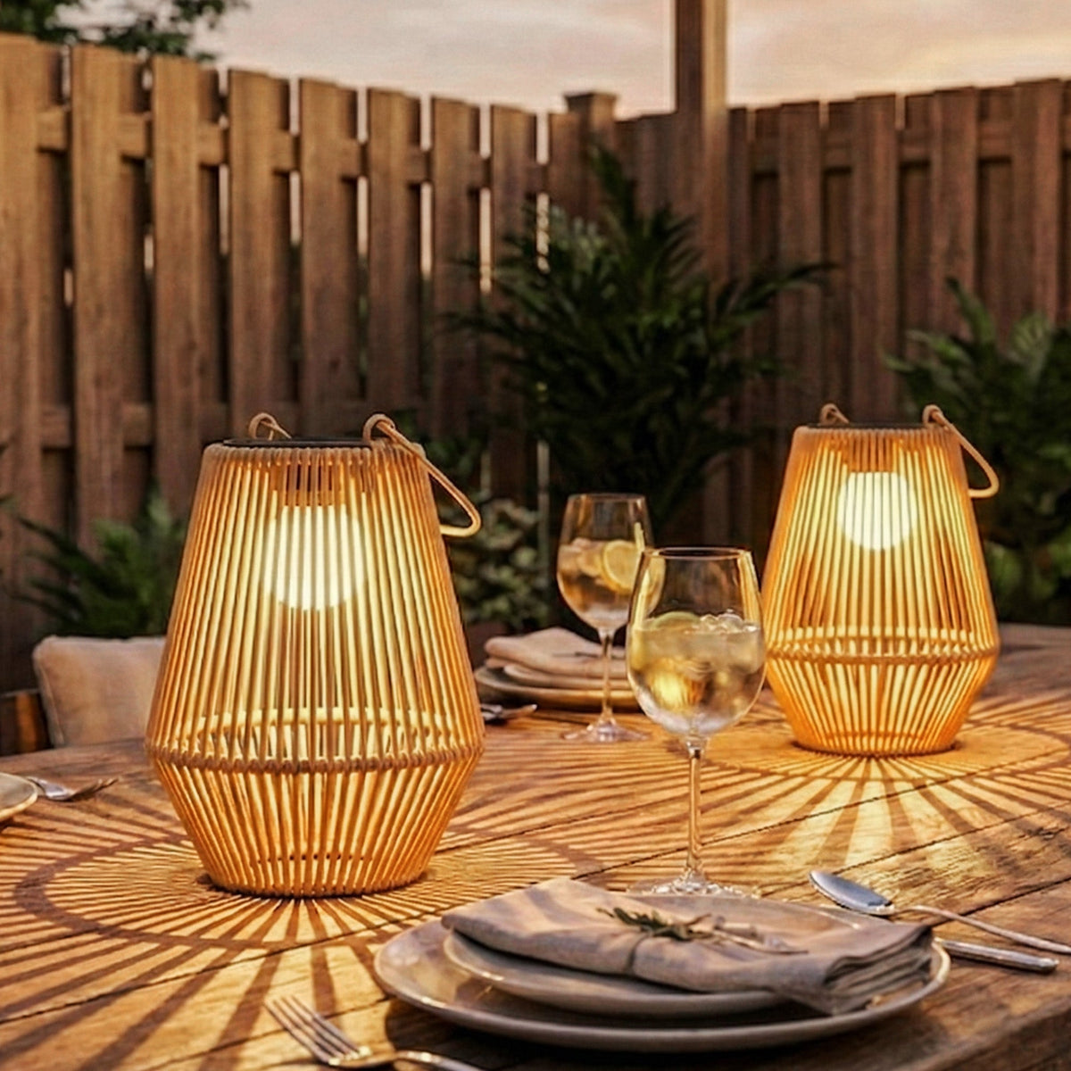 2 Pack Hanging Solar Rattan Lanterns with Auto On/Off, Brown