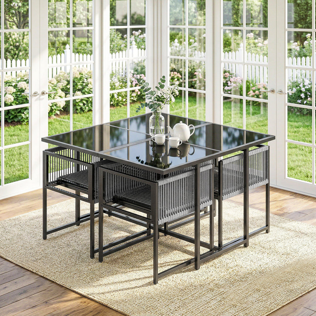 5-Piece Light Grey Outdoor Dining Set with Tempered Glass Top, Foldable Chairs