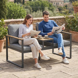 2-Seat Outdoor Garden Bench with Center Table and Thick Cushions, Light Grey