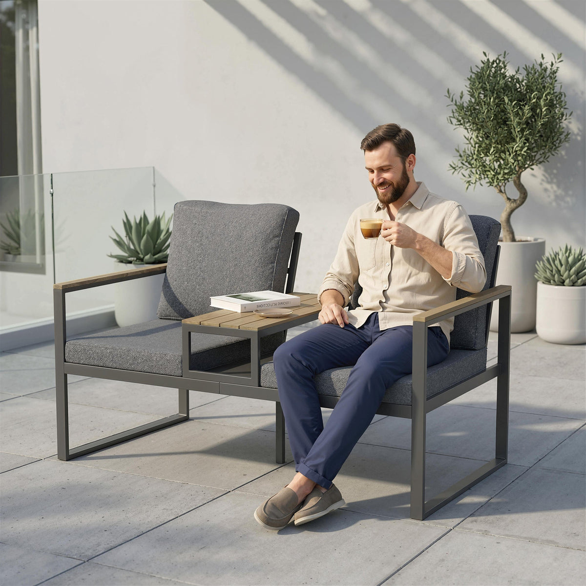 2-Seat Outdoor Garden Bench with Center Table and Thick Cushions, Light Grey
