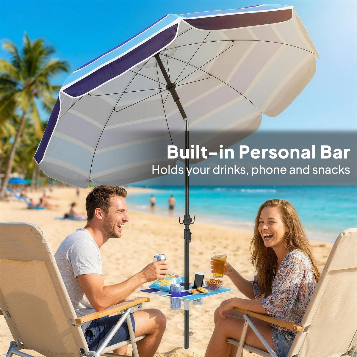 78" Beach Umbrella with Foldable Table, Cup Holder and Carry Bag, Multicolor