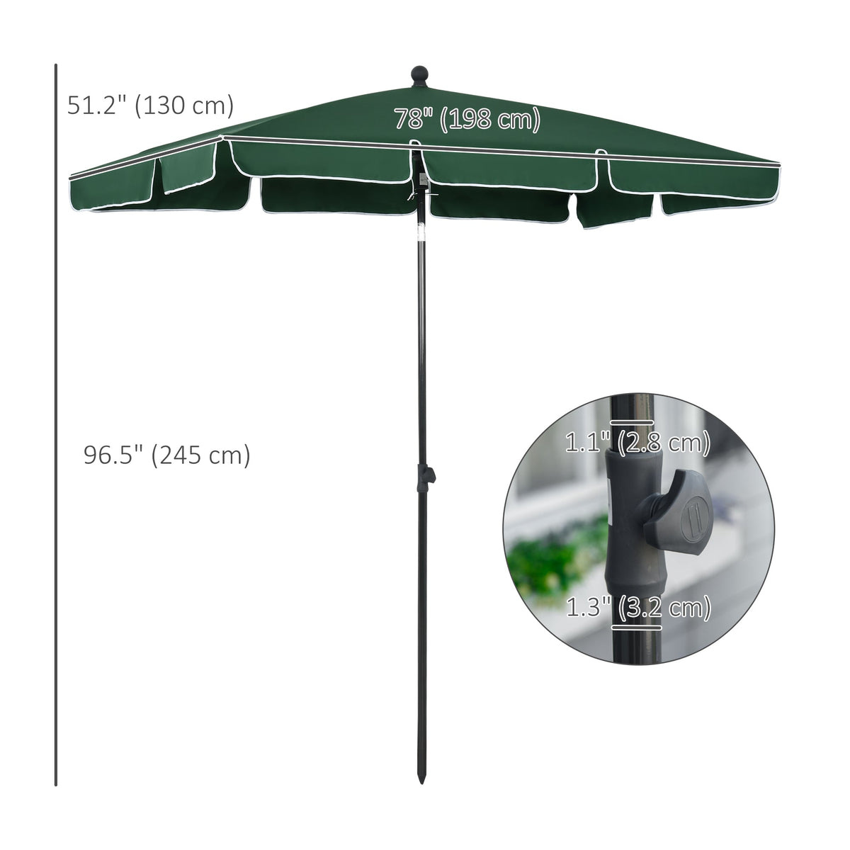 6.5 x 4ft Rectangle Patio Umbrella with Aluminum Pole and Tilt, Green