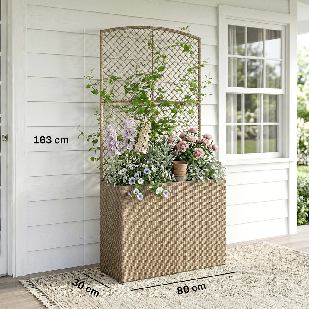 80 x 30 x 163 cm Rattan Raised Planter Box with Trellis and Liner, Light Grey