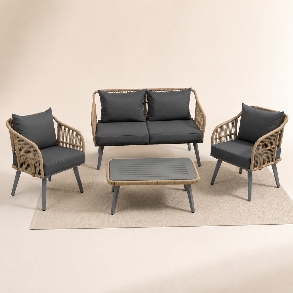 ARVOYA 4-Piece Rattan Conversation Set with Loveseat, 2 Armchairs & Acacia Table, Grey