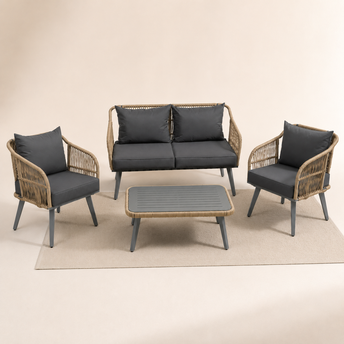 ARVOYA 4-Piece Rattan Conversation Set with Loveseat, 2 Armchairs & Acacia Table, Grey