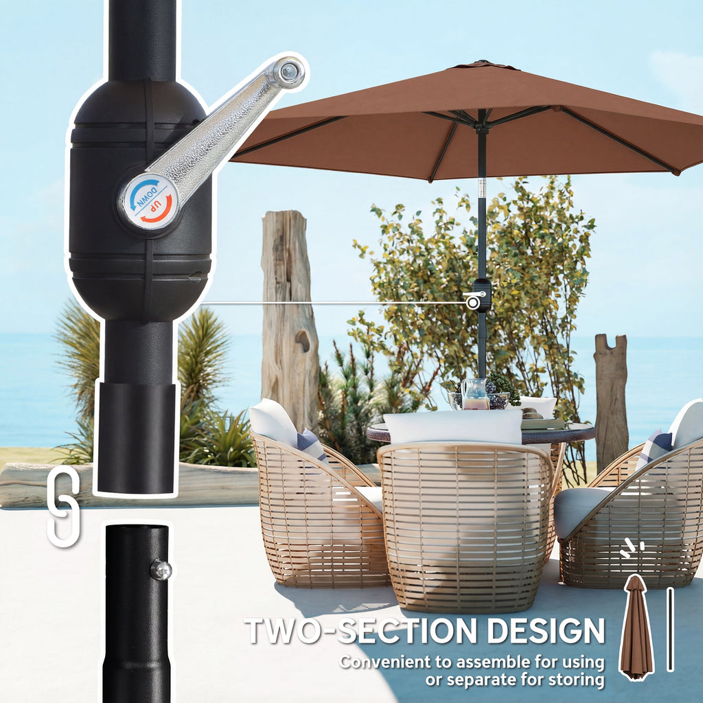 2.6 m Garden Parasol with Tilt, Crank, Vent & Aluminium Pole, Coffee