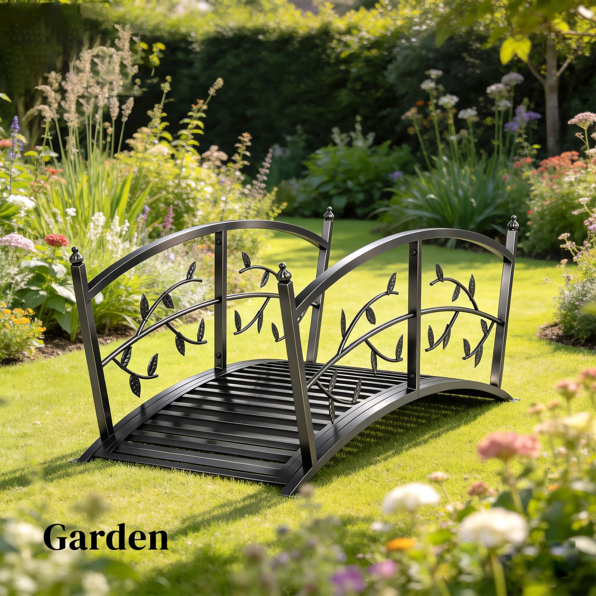 1.2M Metal Garden Bridge with Safety Railings, Black