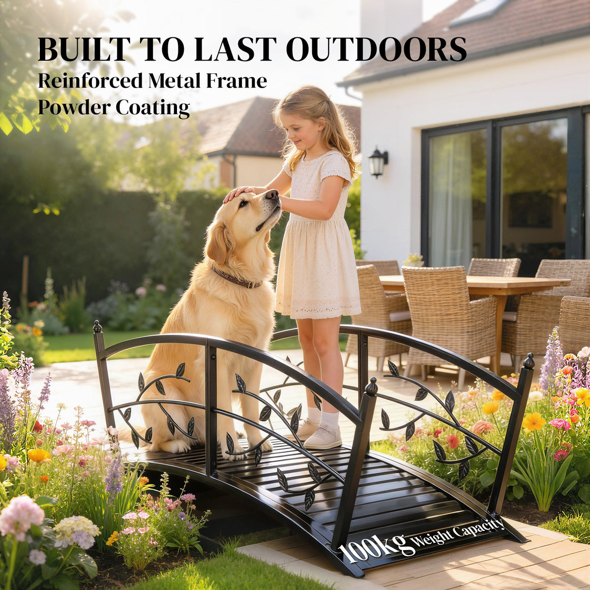 1.2M Metal Garden Bridge with Safety Railings, Black