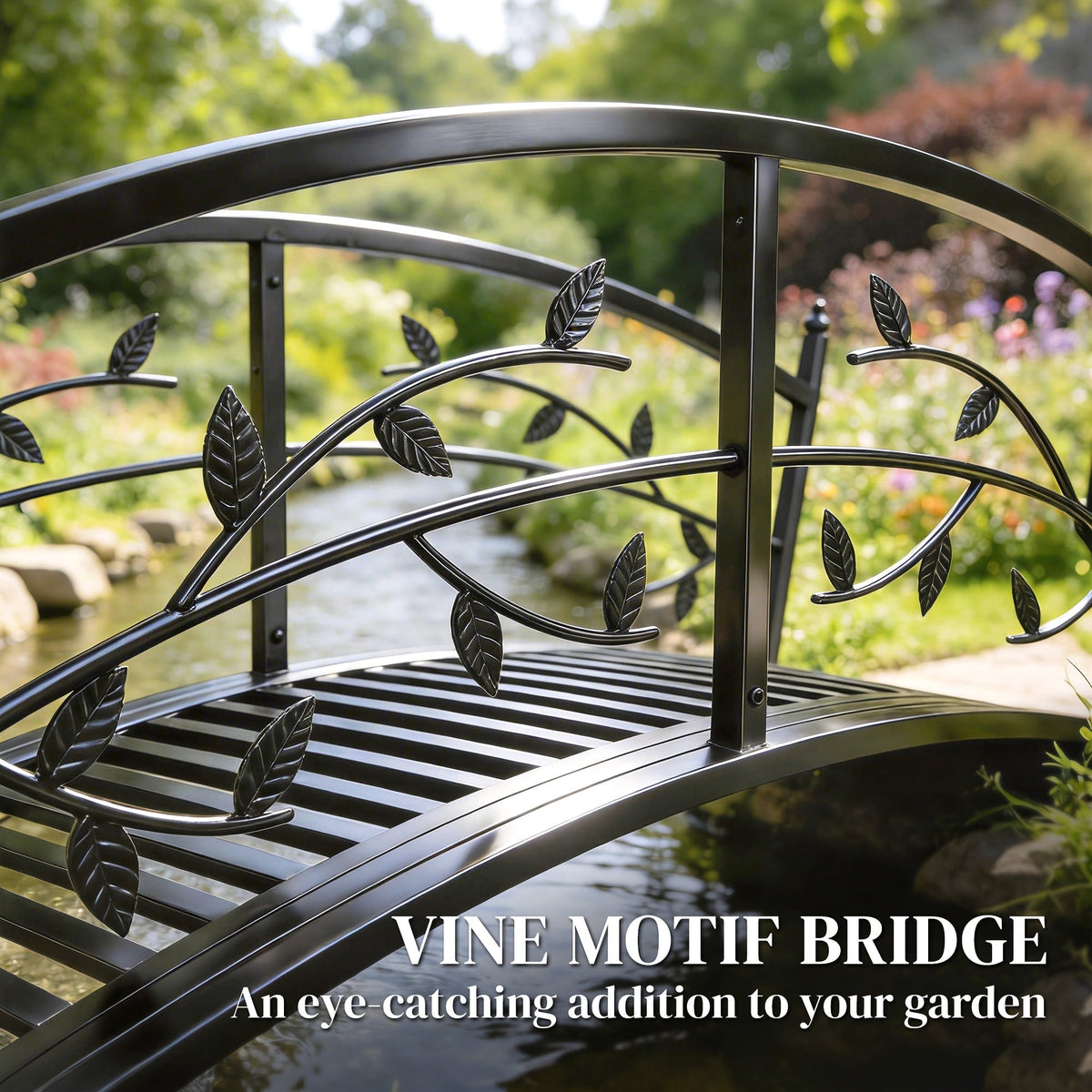 1.2M Metal Garden Bridge with Safety Railings, Black
