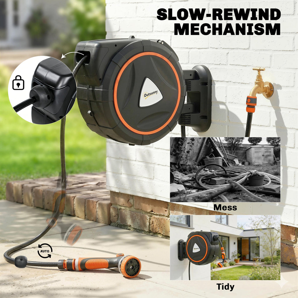 23+2m Retractable Wall Hose Reel with Auto Retraction & 12-Pattern Nozzle, Orange