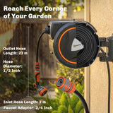 23+2m Retractable Wall Hose Reel with Auto Retraction & 12-Pattern Nozzle, Orange