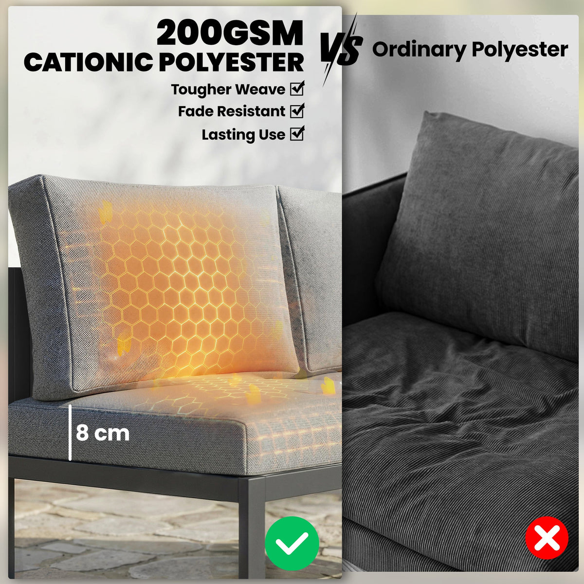 6 Seater Metal Garden Corner Sofa Set with Faux Wood Table, Dark Grey
