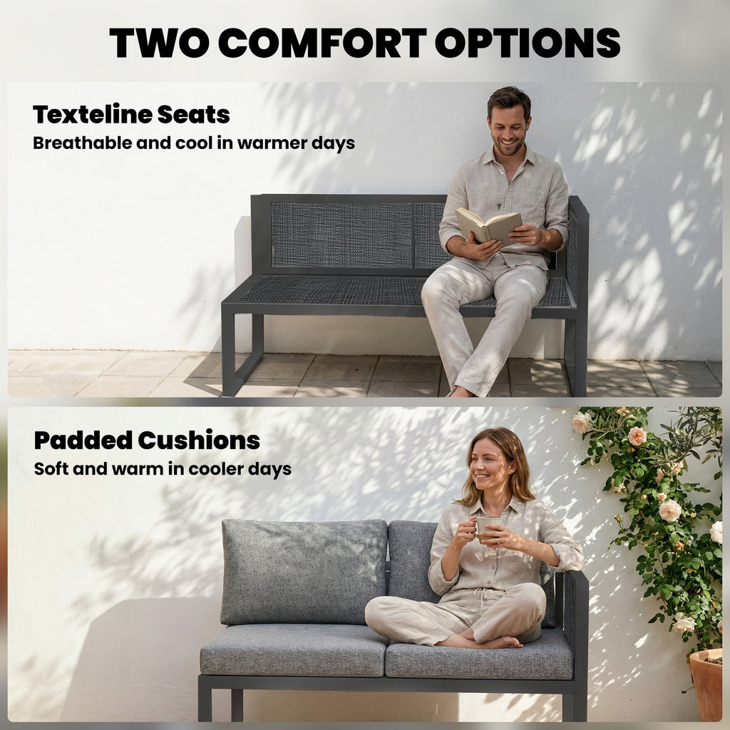 6 Seater Metal Garden Corner Sofa Set with Faux Wood Table, Dark Grey