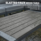 6 Seater Metal Garden Corner Sofa Set with Faux Wood Table, Dark Grey