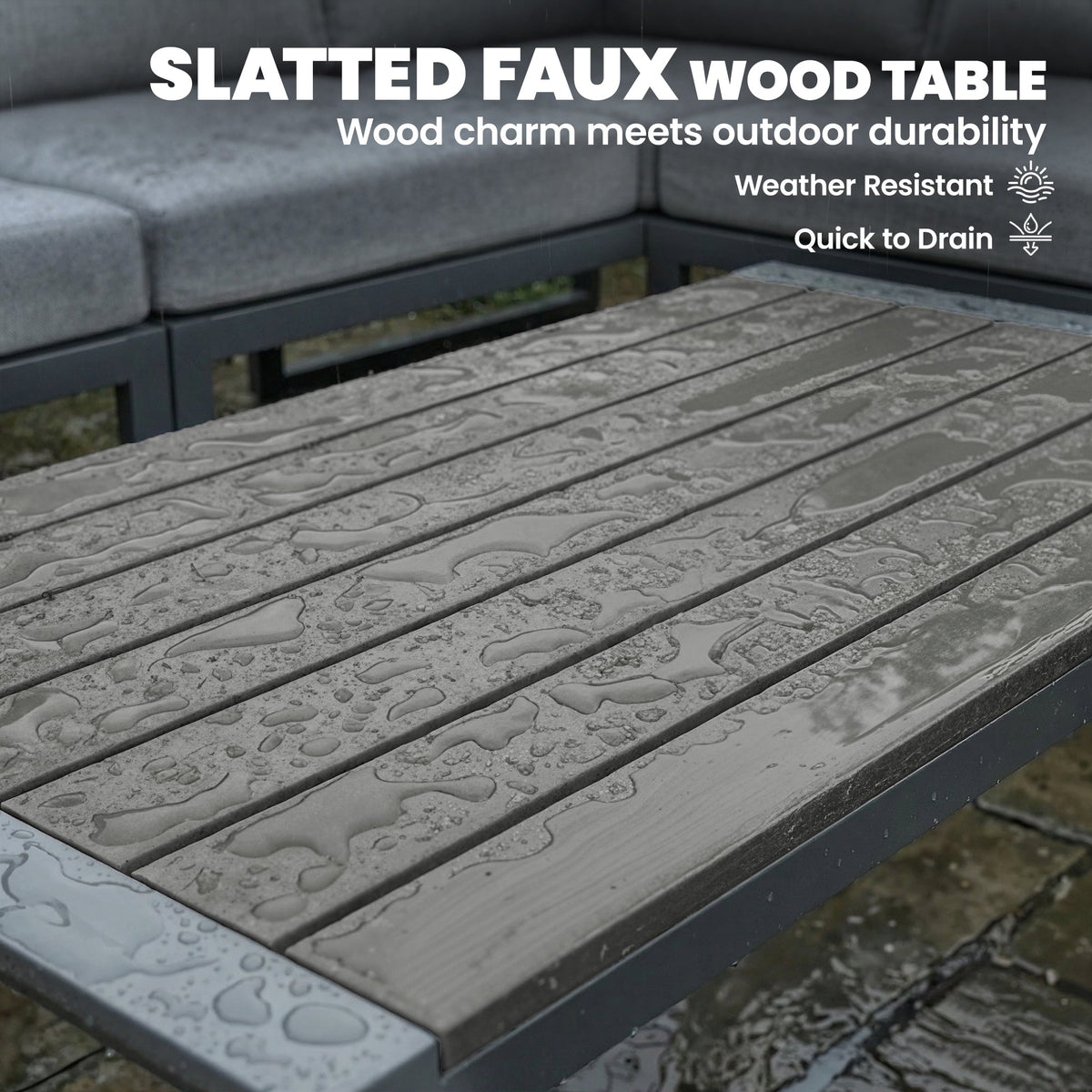 6 Seater Metal Garden Corner Sofa Set with Faux Wood Table, Dark Grey