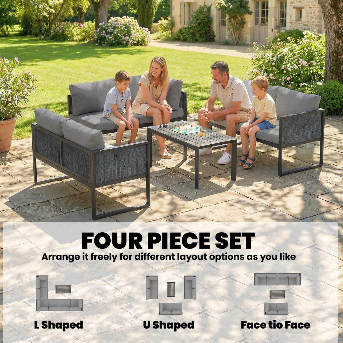 6 Seater Metal Garden Corner Sofa Set with Faux Wood Table, Dark Grey