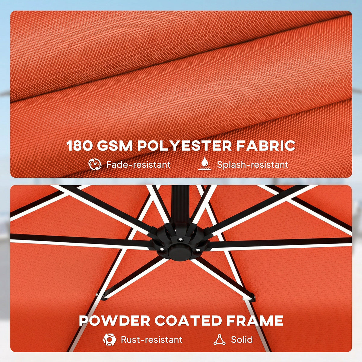 3 m Cantilever Parasol with Solar LED Light, Cover & 360° Rotation, Orange