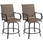 Set of 2 Bar Height Swivel Patio Stools with Armrests and Mesh Seats, Tan