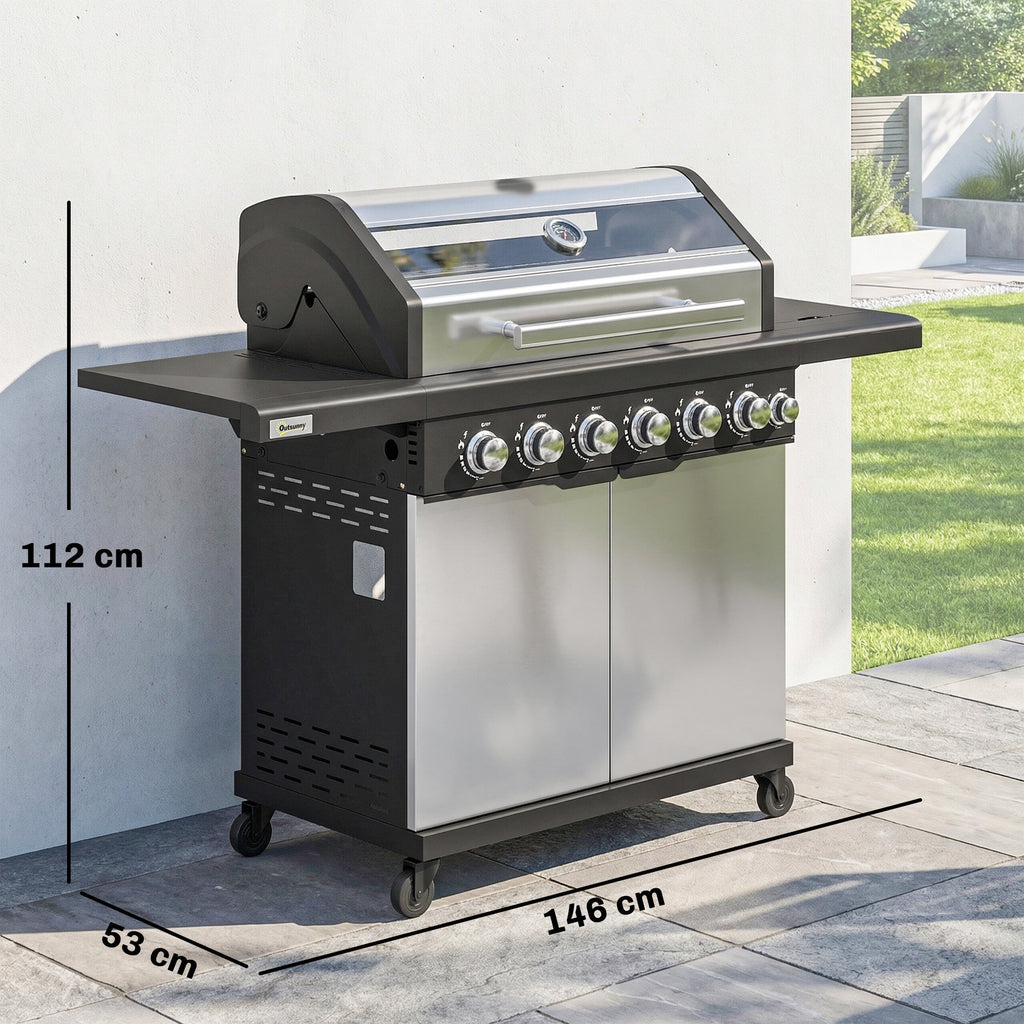 6+1 Burner Gas BBQ Grill with Cabinet and Viewing Window, Silver Tone