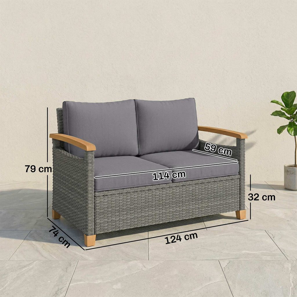 2-Seater Rattan Loveseat with Thick Cushions & Acacia Armrests, Dark Grey