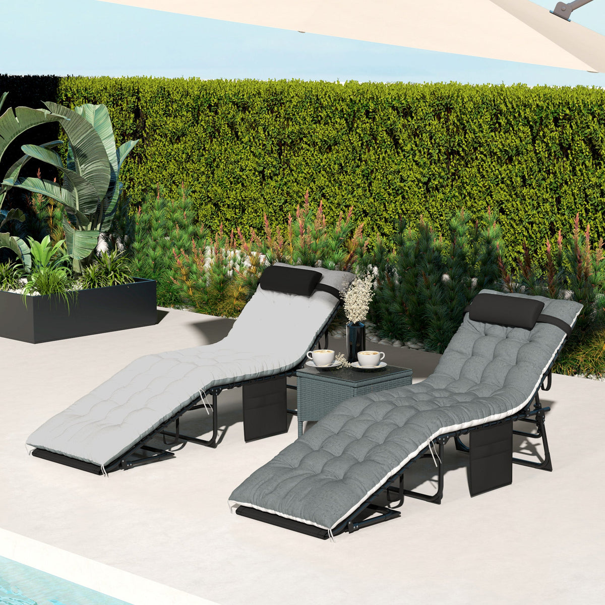 Set of 2 Folding Lounge Chairs with Cushion and Side Pocket, Black/Grey