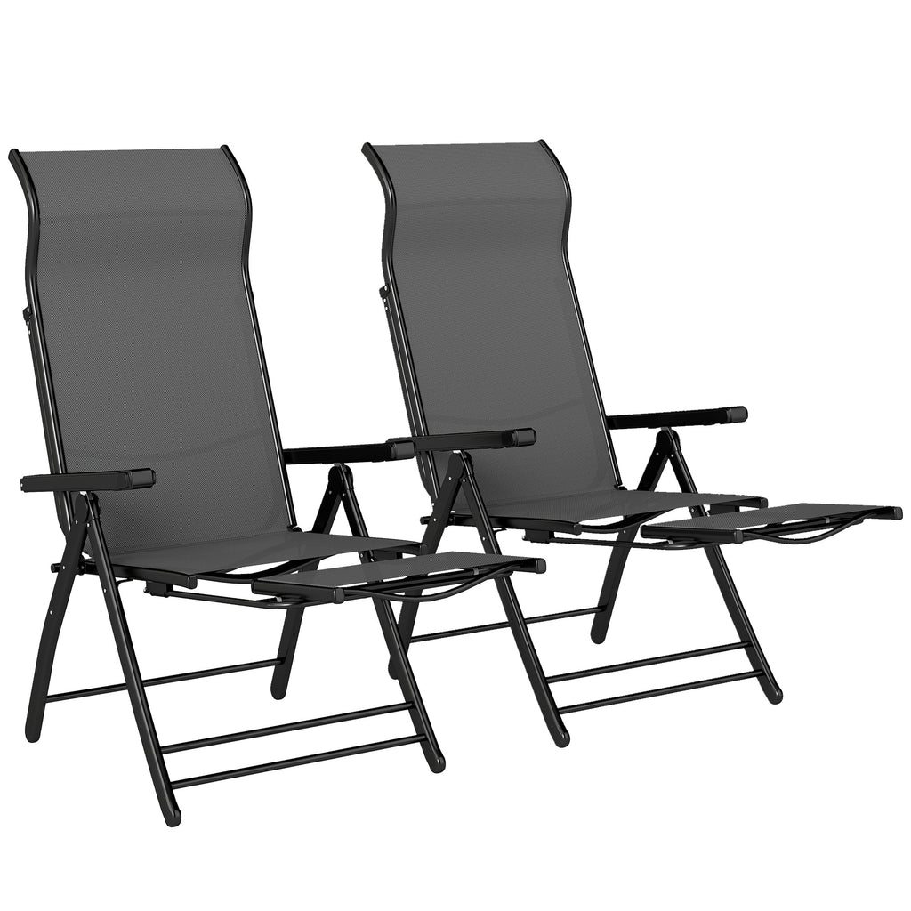 Set of 2 Folding Patio Chairs with Footrest and 5-Position Recline, Dark Grey